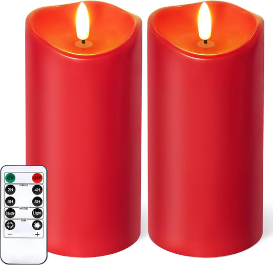 NURADA Outdoor Flameless Candles with Remote Timer - Waterproof Realistic Flickering LED Pillar Electric Battery Operated Fake Candle for Home Wedding Christmas Decor - 2 Pack Red(D3”H6”6”)