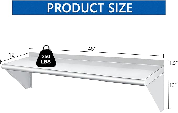 HARDURA Stainless Steel Shelf 12" x 48", 250lb Commercial Shelves Wall Mount Metal Shelving with Backsplash and Brackets for Kitchen, Restaurant, Laundry Room and Home