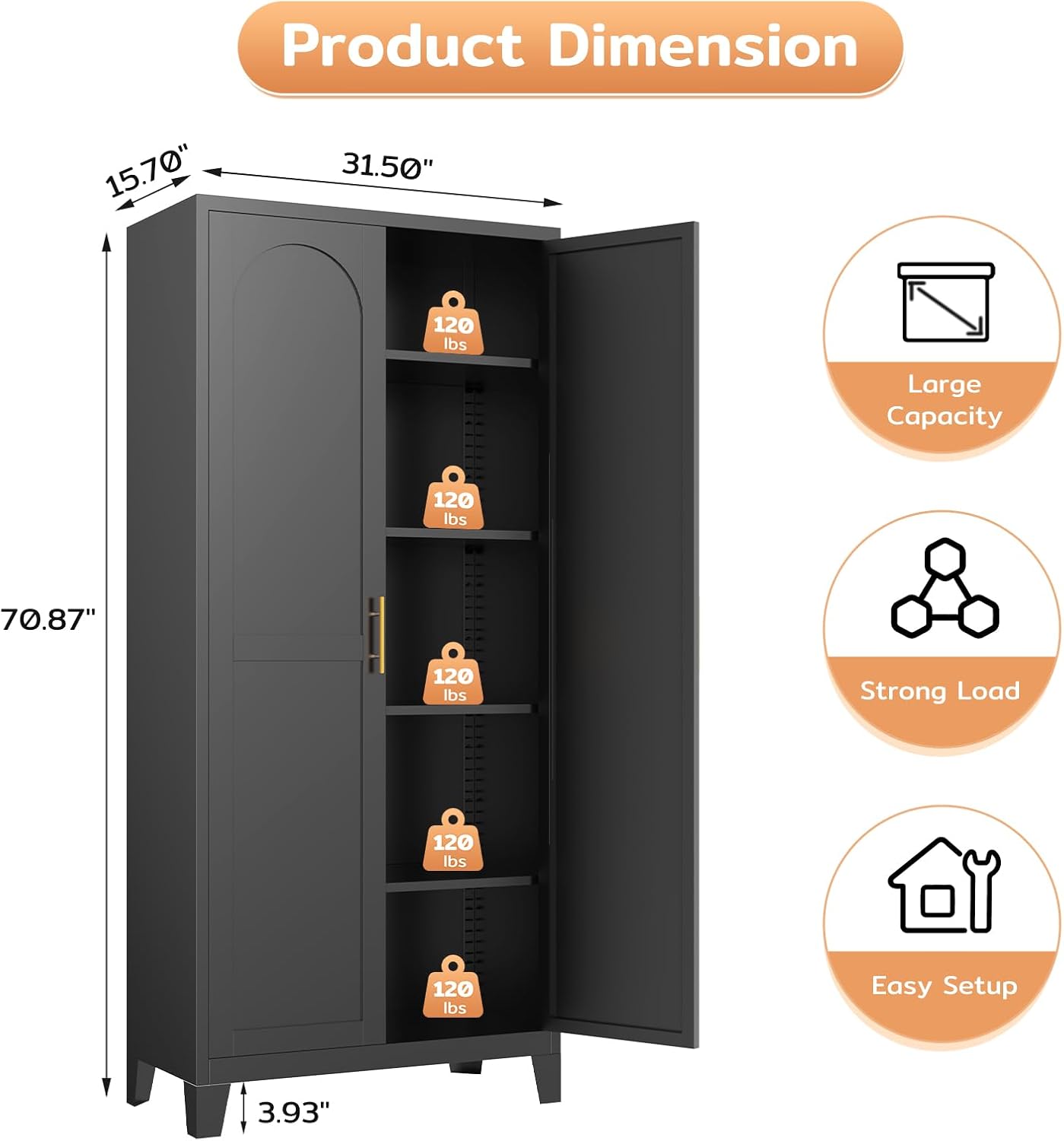 70.87" H Metal Kitchen Pantry Cabinet, Freestanding Cupboard with 2 Doors and 4 Adjustable Shelves, Tall Metal Storage Cabinet for Kitchen, Bathroom, Dinning Room or Laundry Room （Black）