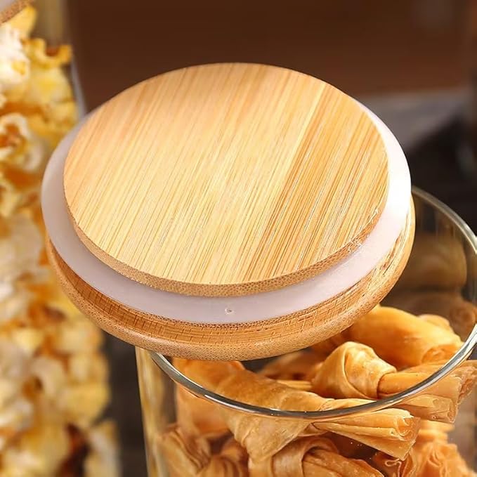 8 Pack Glass Jar with Airtight Bamboo Lid and White 132 Kichen Pantry Labels Preprinted - 21 Oz Clear Round Glass Food Storage Containers set For Tea Coffee Sugar Spice