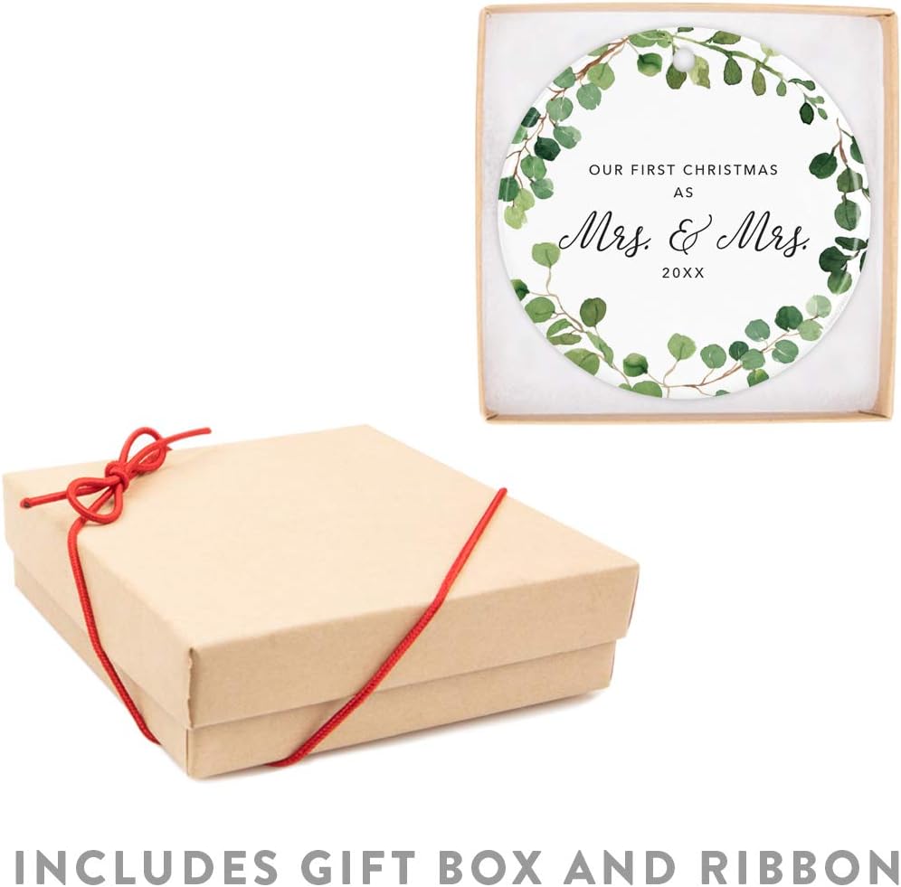 Andaz Press Custom Year Round Ceramic Porcelain Christmas Tree Ornament Keepsake Collectible Gift, Our First Christmas as Mrs. & Mrs. 2025, Farmhouse Eucalyptus Wreath, 1-PackLesbian Couple