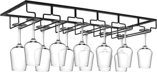 Xverycan Wine Glass Rack Under Cabinet, 6 Row Extreme Large Stemware Hanger, Metal Wine Goblet Holder, DIY Bar Glass Storage Rack for Bar Counter, Kitchen, Screws Included (Black)