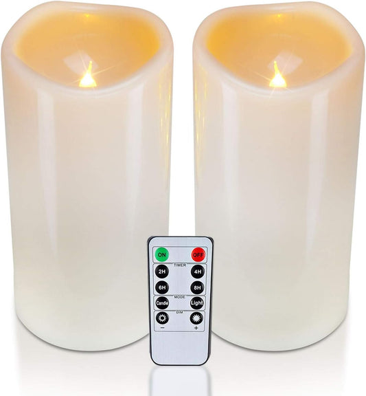 Homemory 4" x 8" Waterproof Outdoor Flameless Candles, Battery Operated Flickering LED Pillar Candles with Remote and Timers for Indoor Outdoor Lanterns, Long Lasting, Large, Dark Ivory, Set of 2