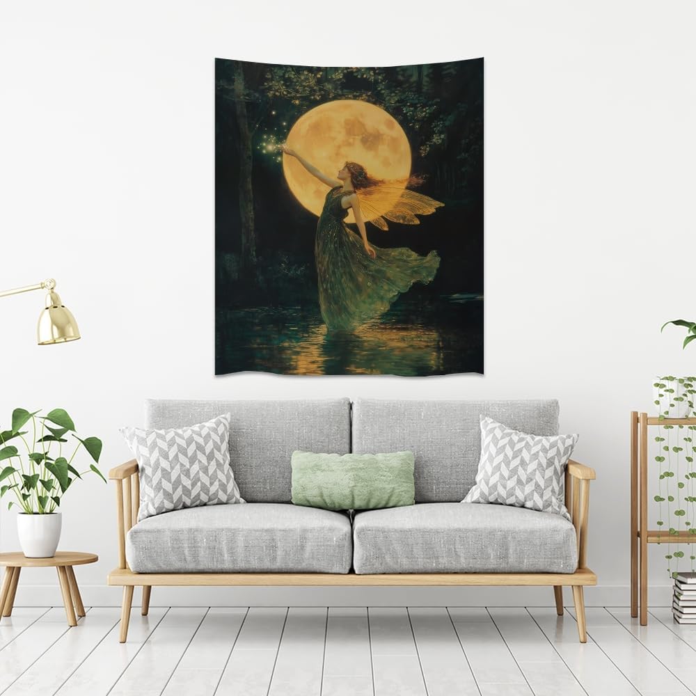 Whimsical Fairy Tapestry Fantasy Moonlight Fae Goddess Print Moody Gothic Aesthetic Wall Hanging Magical Forest Pictures Dark Cottage Witchy Tapestries for Girls Room Bedroom 50x60inch