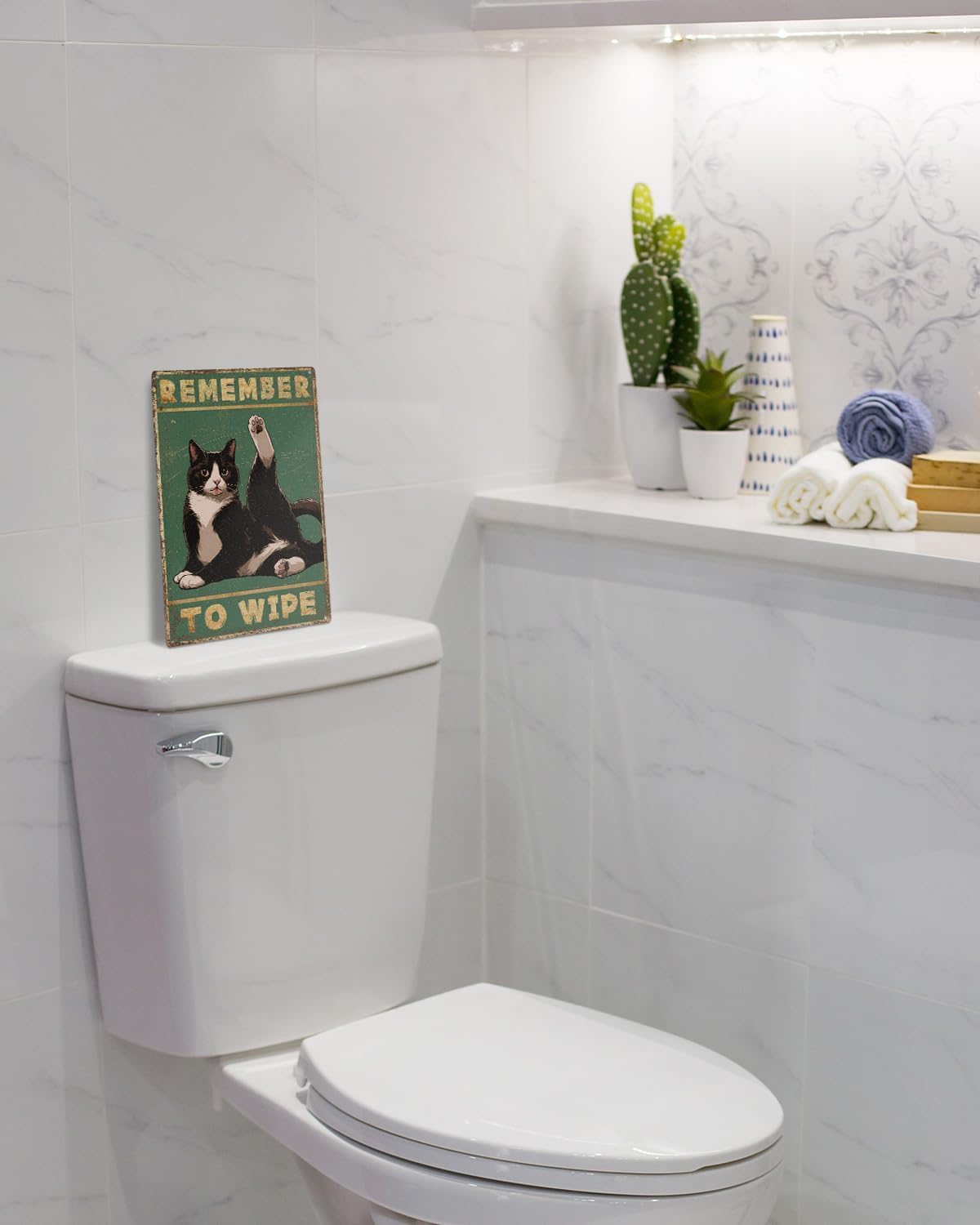 ALKB Bathroom Tuxedo Cat Sign - Remember to Wipe - Cat Lover Gift 8x12 Inch Vintage Metal Sign for Bathroom Decorations