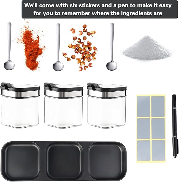 XIUDI Condiment Seal Jar Spice Container with Lids and Spoons，Clear Glass Condiment Canisters Pots Seasoning Box Salt Container Sugar Bowl Set of .Used in Kitchen, Coffee Table,Set of 3