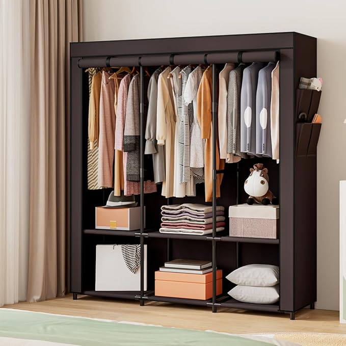 SORCEDAS Portable Closet Wardrobe Storage Organizer Metal Hanging Rack Non-Woven Fabric 50 Inch (Coffee)