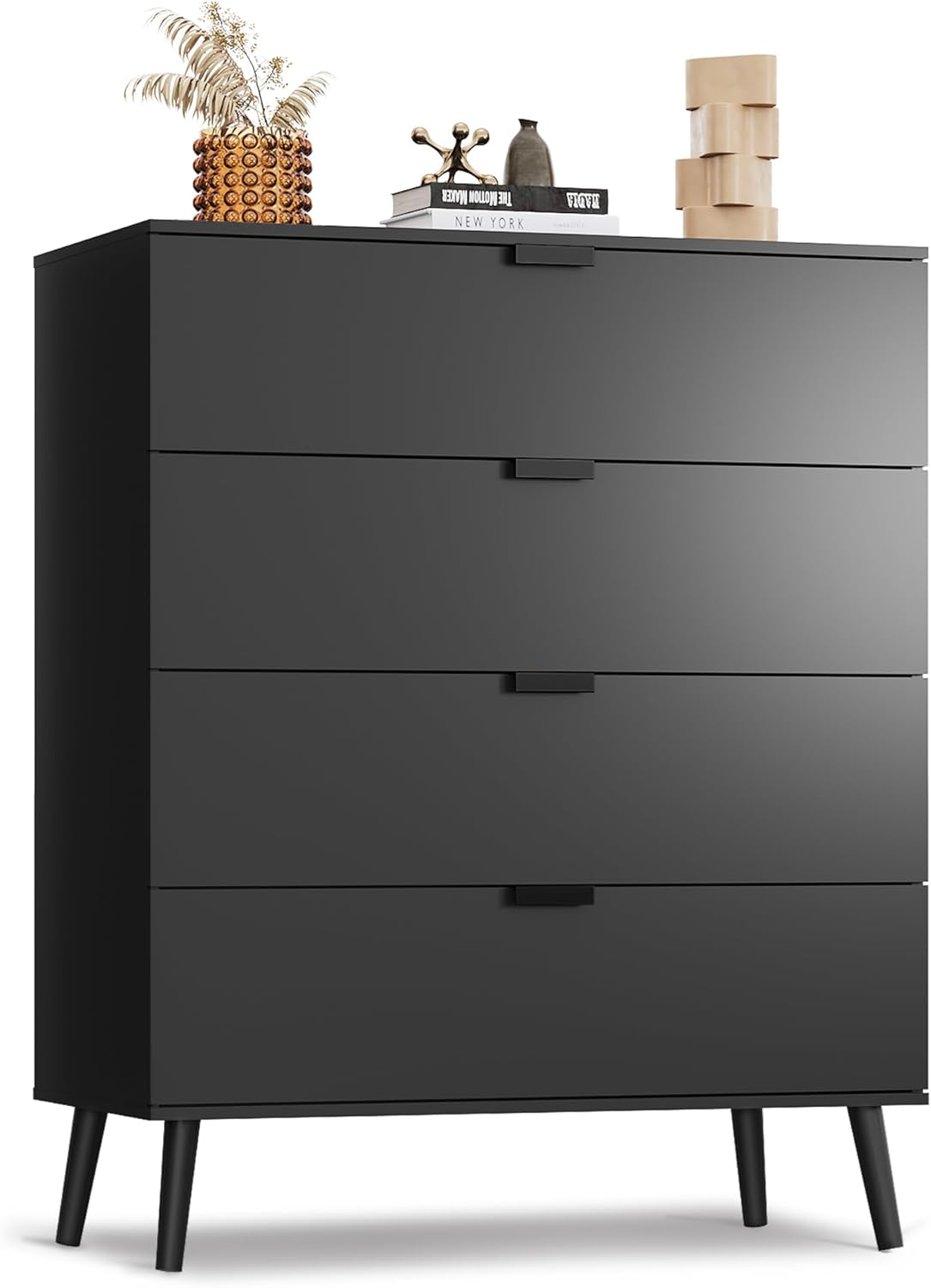 WLIVE 4 Drawer Dresser for Bedroom, Tall Wood Dresser, Modern Black Dressers with Sturdy Metal Handle, Small Chest of Drawers for Living Room, Hallway
