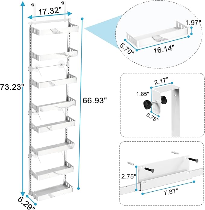 bukfen Over the Door Pantry Organizer,8-Tier Adjustable Basket Kitchen Pantry Door Organization and Storage, Heavy-Duty Metal Hanging Kitchen Spice Rack,D6.3 x W17.32 x H66.93 inch,White Marble Color