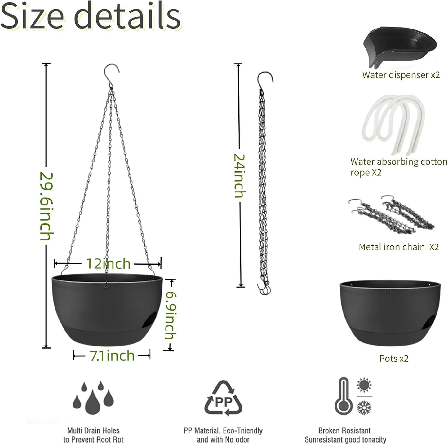 2 Pack Hanging Planters for Indoor Outdoor Plants, 12 Inch Self Watering Hanging Pot with Drainage Holes and Saucer, Plastic Plant Pots, Black Flower Pots for Kitchen, Balcony, Garden