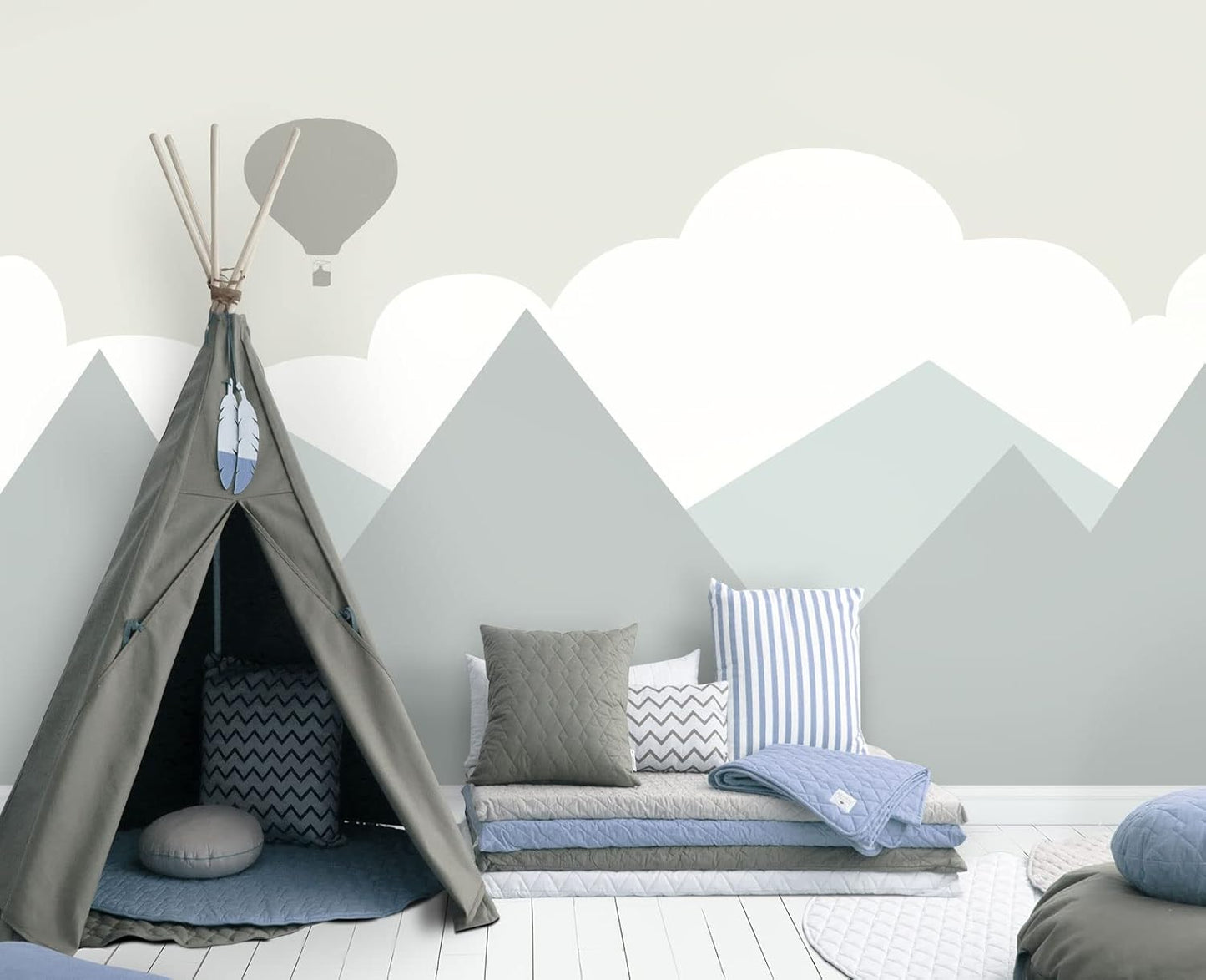 Cartoon Hot air Balloon Mountain Peak Baiyun Children's Nursery Wall Mural Wallpaper 103" x 69"