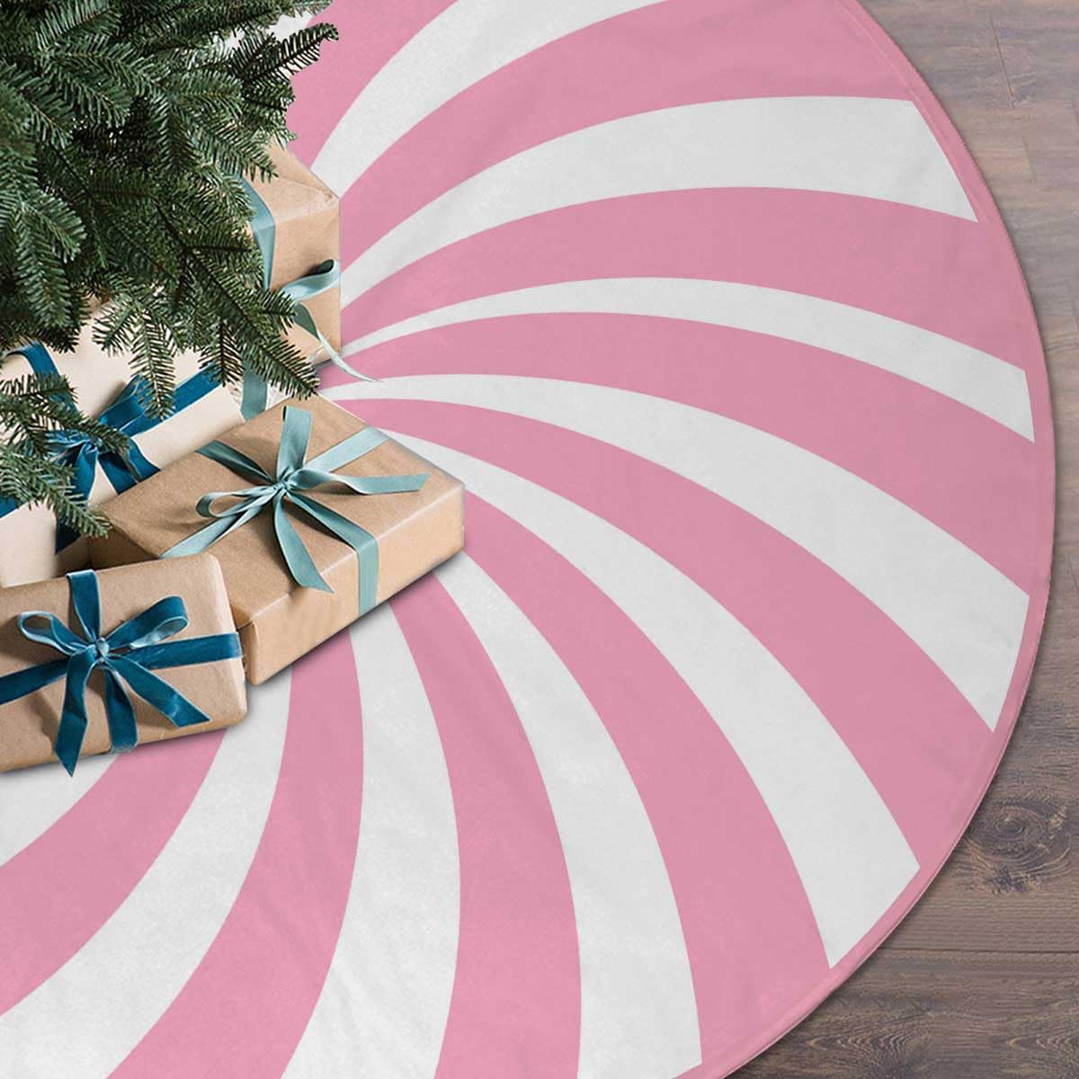 Swirl Stripe Christmas Tree Skirt 48 inches Sweet Candy Cane Pink Christmas Decorations Xmas Tree Mat Holiday Party Home Decorations (Pink, 48in)