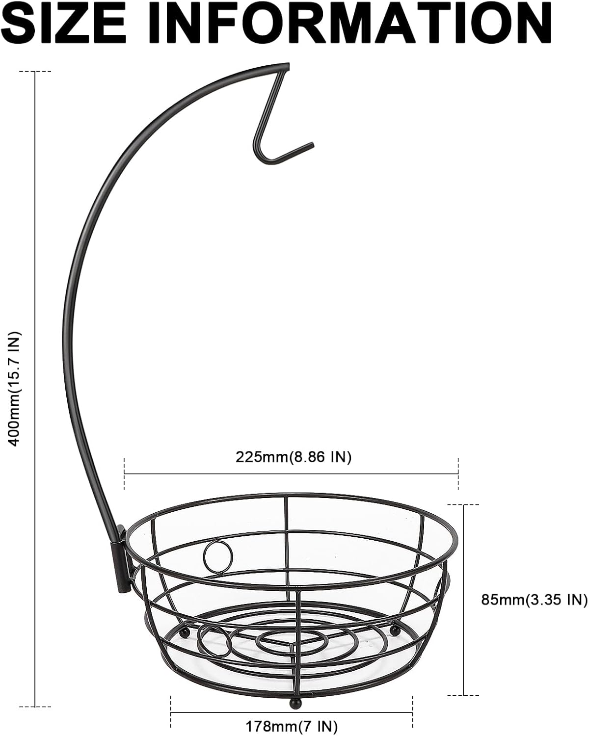 Livabber Countertop Fruit Basket Bowl with Banana Hanger, Modern Standing Fruit Vegetable Bowl Storage, with Banana Tree Holder for Kitchen Dinning Table (Round Metal, Black)