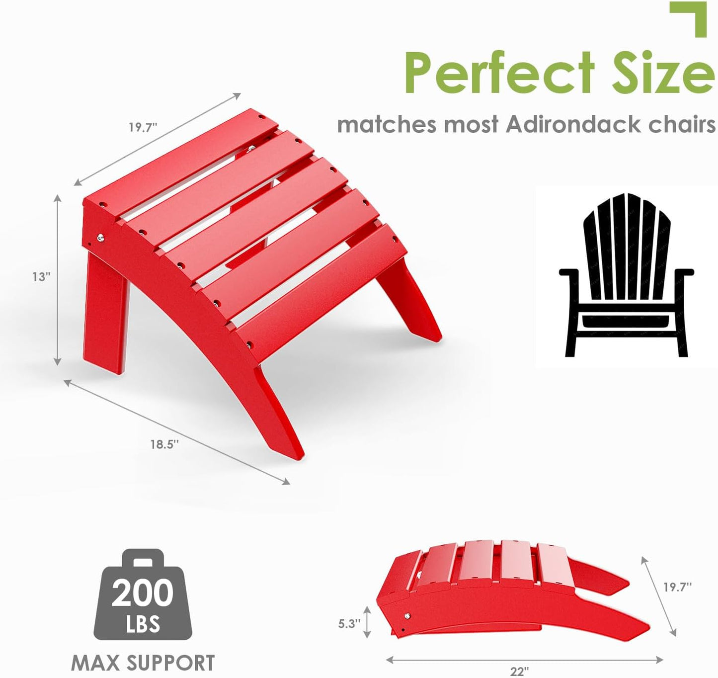 GREENVINES Adirondack-Ottoman | Set of 2 | HDPE Plastic | Outdoor Footrest | All Weather | Foot Rest | Foot Stool | Red | for Adirondack Chair | for Patio Backyard Pool