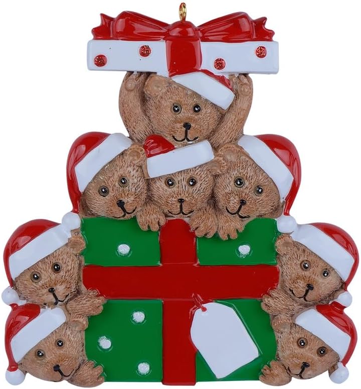 Personalized Bear Family Christmas Ornament 2024, Family of 8 Bear with Gift Box Ornaments for Christmas Tree, Personalized Bear Christmas Ornament, Unique Handmade Teddy Bear Christmas Ornament