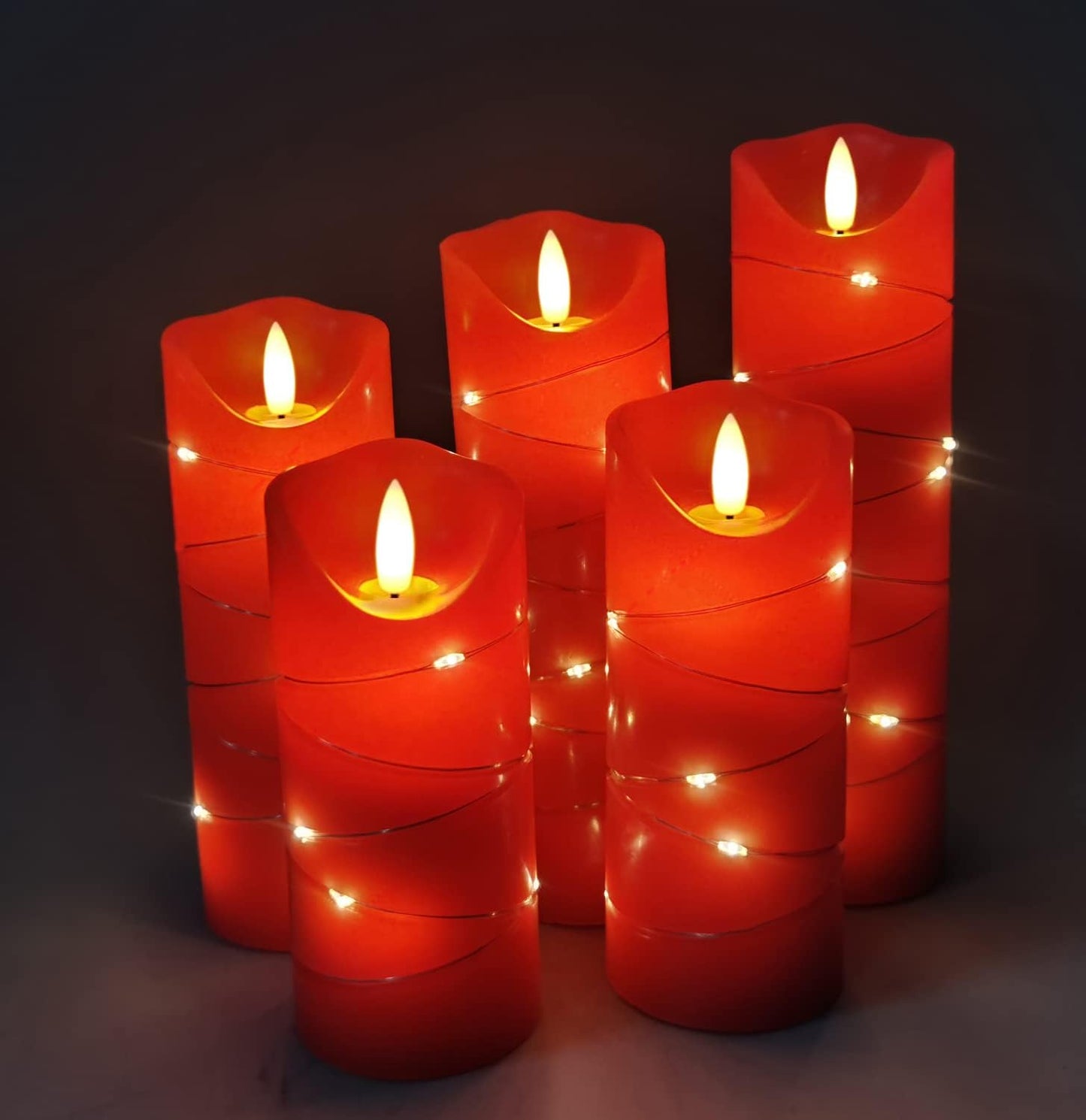 DANIP Red LED Flameless Candle with Embedded Star String, 5Piece LED Candle with 11 Button Remote Control, 24 Hours Timer Function, Dancing Flame, Real Wax, Battery Powered.