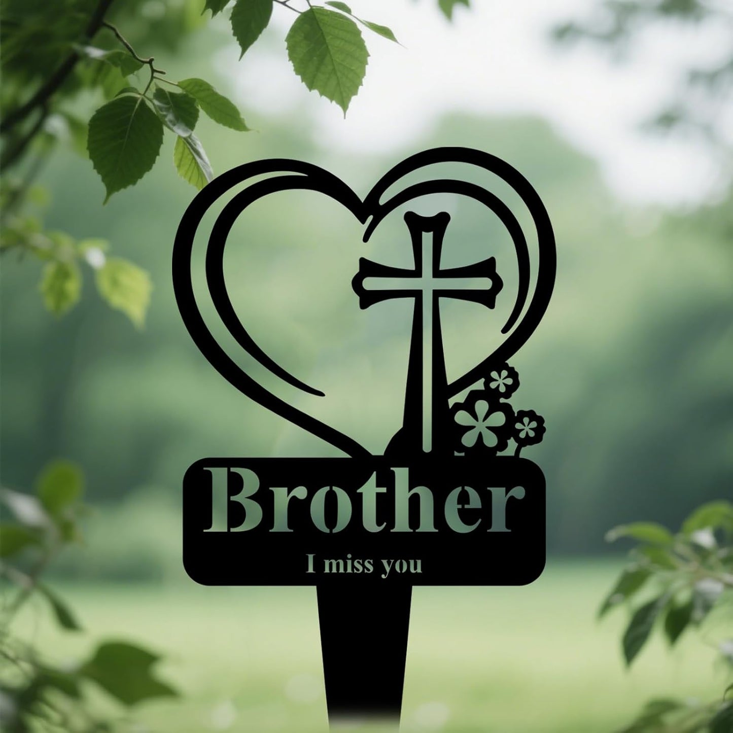 Brother Memorial Grave Stake, Cemetery Decorations for Grave Markers 12.5 x 7.2 inch Heart Metal Sympathy Stakes Graveside Plaque Decor Sign for Brother Graves, Yard, Garden - Black-Brother