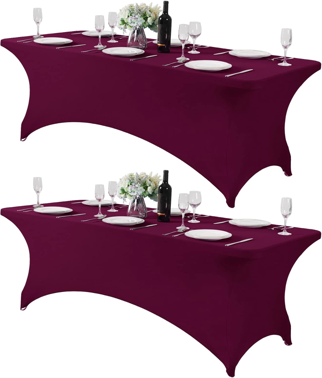 2Pack Spandex Table Cover for 8FT or 4ft or 6ft Table Universal Fitted Stretch Tablecloth for Party, Banquet, Wedding and Events-Burgundy
