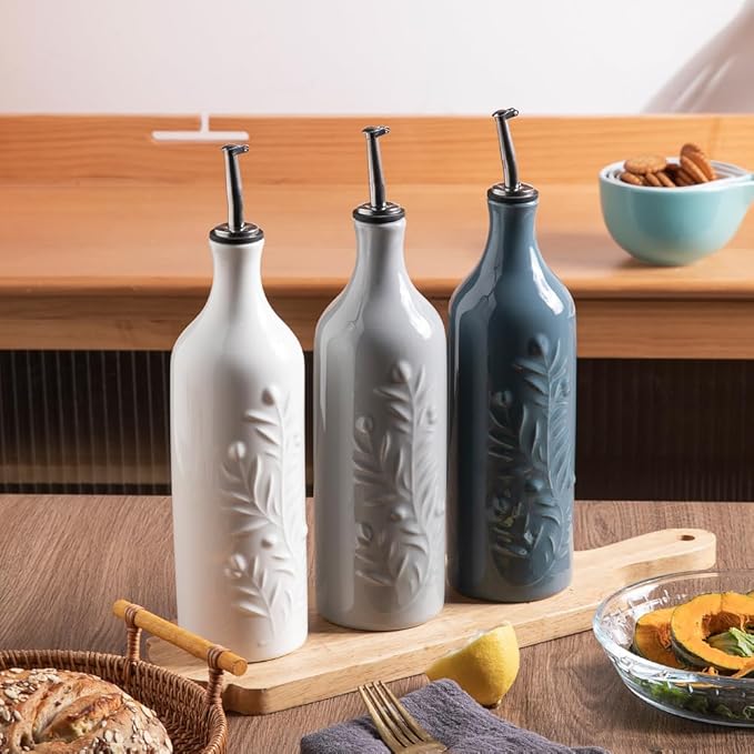 Sweejar Large Olive Oil Dispenser Bottle with Spout, 24 Oz Ceramic Oil Dispenser for Kitchen, Relief Opaque Oil Cruet, Oil Container for Cooking, EVOO, Avocado Oil, Vinegar, Pack of 1(Fog Blue)