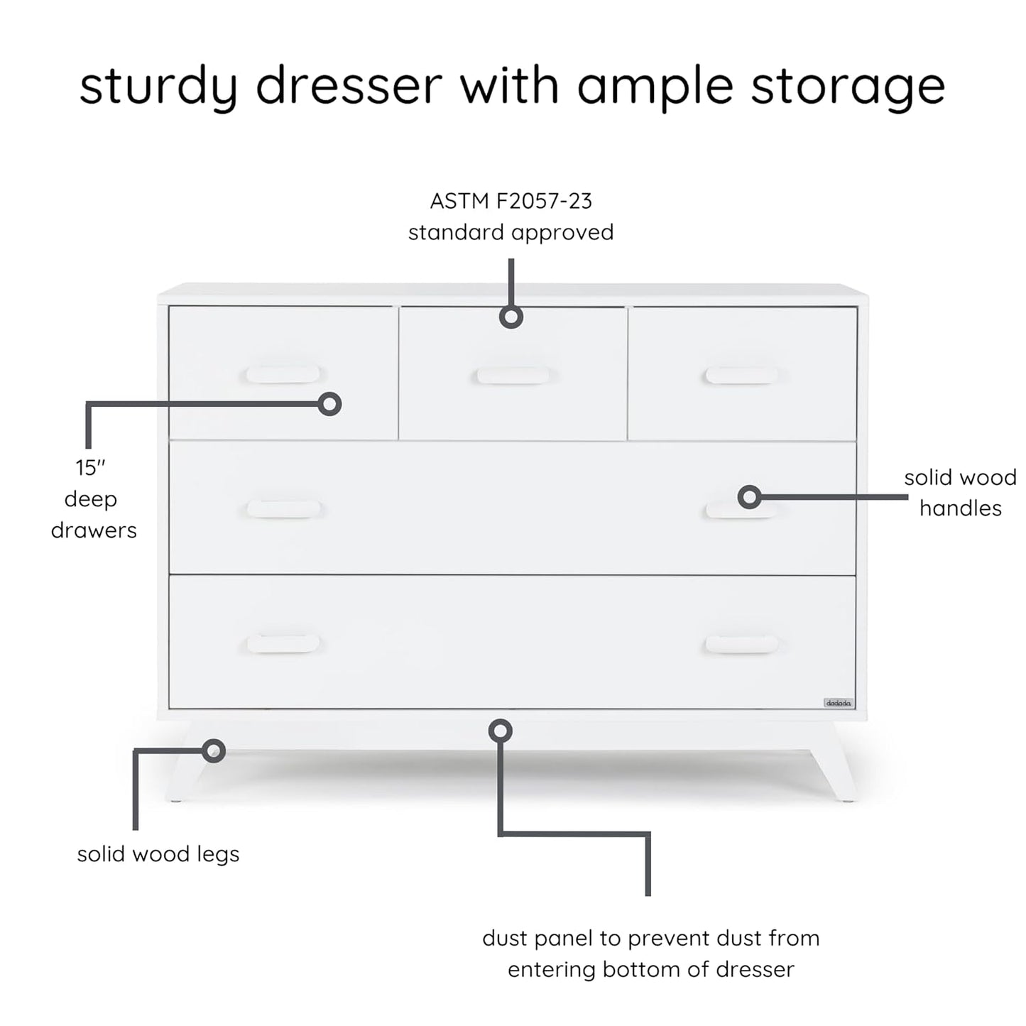 dadada Soho 5-Drawer Dresser for Nursery and Bedroom - Modern Design, Large Storage, Baby-Safe Finish, Soft Close Drawers, Anti-Tip Safety, Sturdy Legs & Solid Wood Handles, 47” Wide (White)