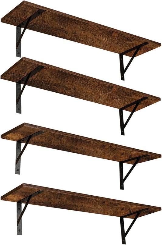 DINZI LVJ Long Wall Shelves, Set of 4, 31.5Inch Wall Mounted Shelves, Extra Large Wall Storage Ledges with Sturdy Metal Brackets for Living Room, Bathroom, Bedroom, Kitchen, Rustic Brown