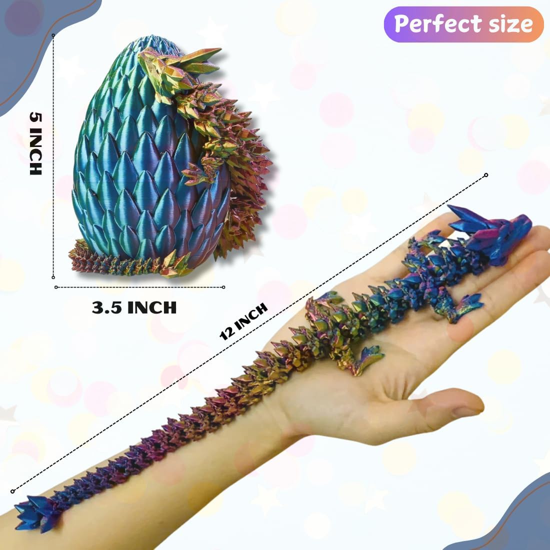 3PCS 3D Printed 12” Articulated Crystal Dragon Inside 5.1” Egg – Fantasy Collectible, Fidget Toy & Stocking Easter Basket Stuffers for Home & Office Decor (3PCS-Egg)