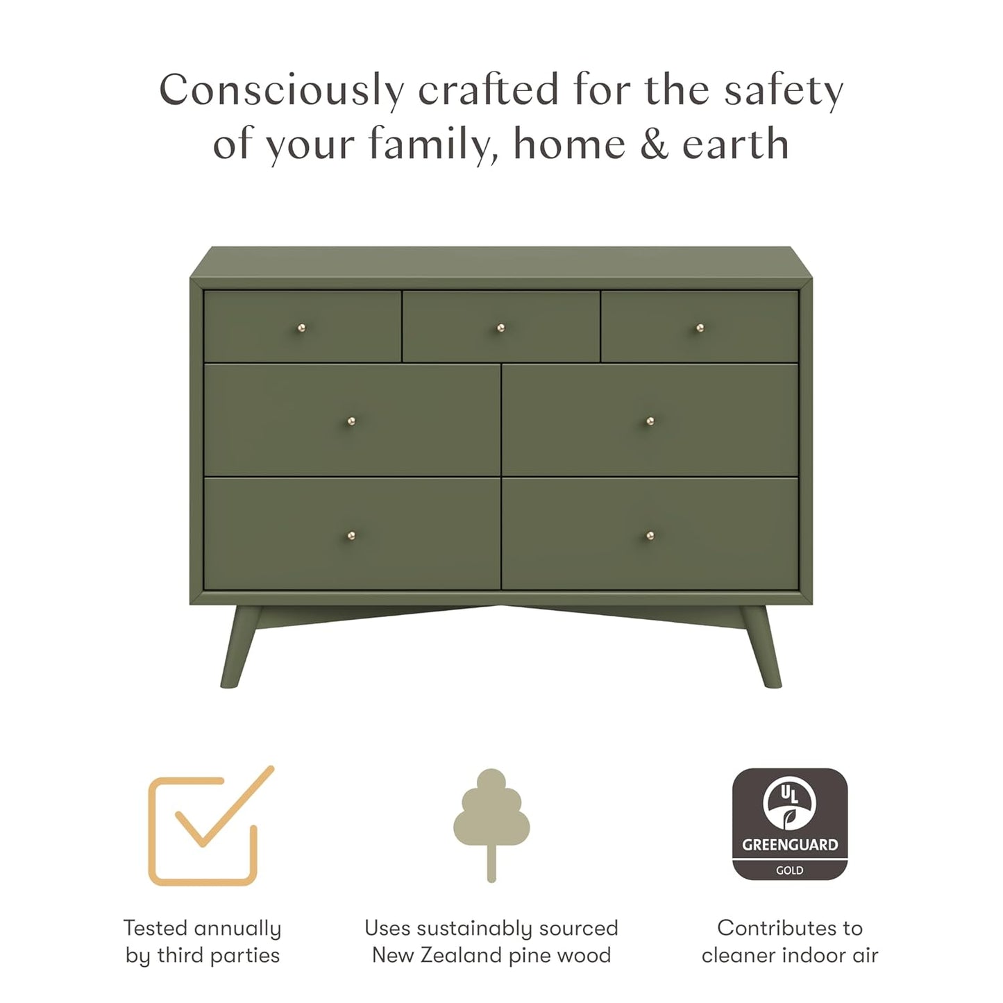 Babyletto Palma 7-Drawer Baby Dresser for Nursery - GREENGUARD Gold Certified - Assembled Chest of Drawers for Kids, Boys & Girls - Multi-Purpose Storage Dresser for Bedroom, Living Room, Olive Green