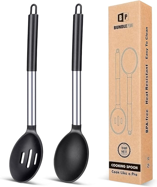 Pack of 2 Large Silicone Cooking Spoons,Non Stick Solid Basting Spoon,Heat-Resistant Kitchen Utensils for Mixing,Serving,Draining,Stirring (BLACK)