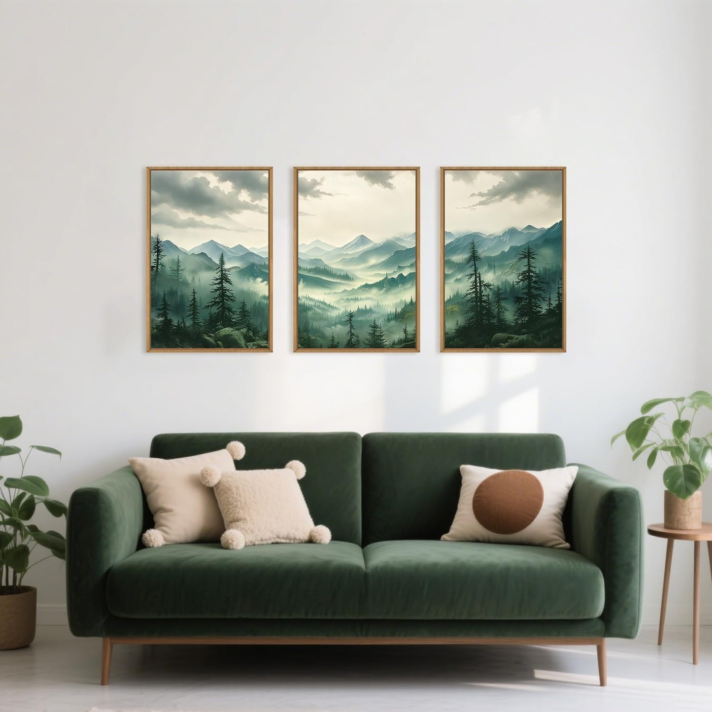 Green Foggy Mountain Framed Canvas Wall Art Set, Misty Forest Wall Decor, Watercolor Pine Tree Wall Painting, Large Nature Landscape Art Print for Living Room, Bedroom, Office - 16"X24"X3