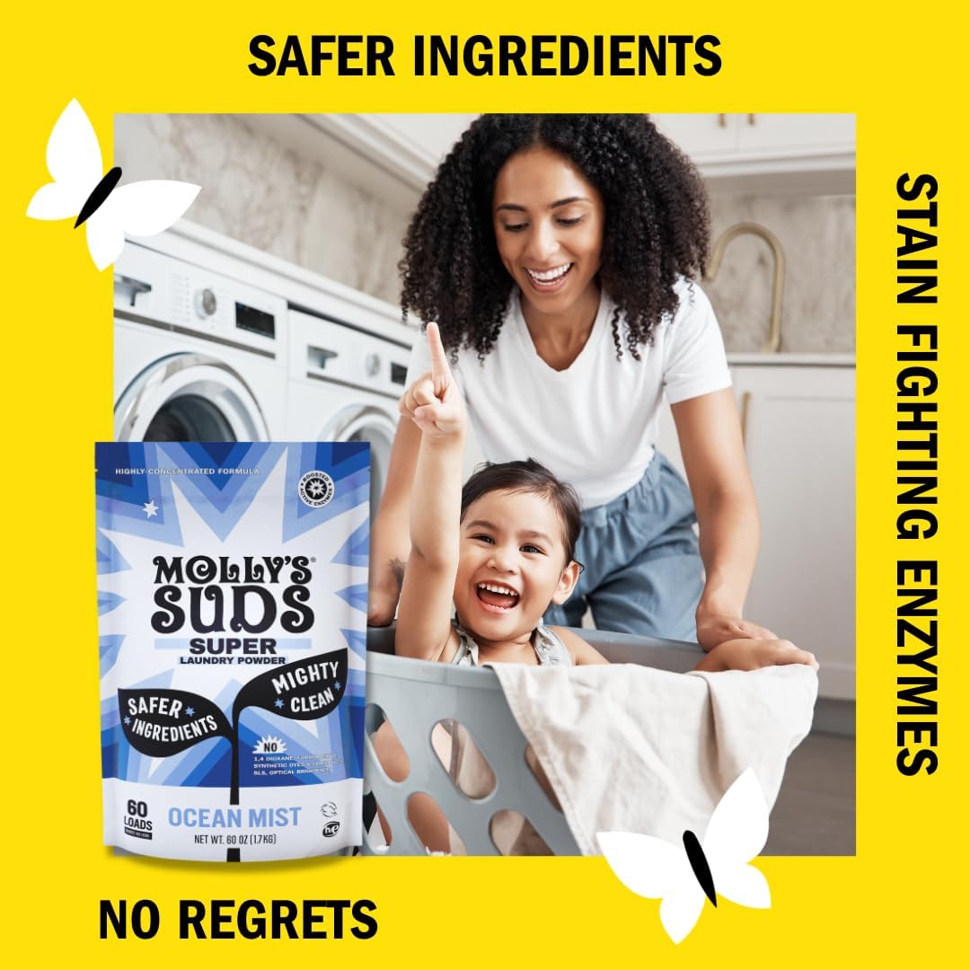 Molly's Suds Super Powder Detergent | Extra Strength Laundry Soap, Stain Fighting | Sensitive Skin | Simple, Effective Ingredients | Ocean Mist, 120 Loads Total (2 Pack)