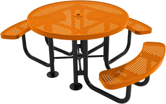 Heavy-Duty Portable ADA-Compliant Outdoor Picnic Table with Umbrella Hole, Punched Steel Patio Dining Furniture Made in America (46" Round Top, Textured Orange)