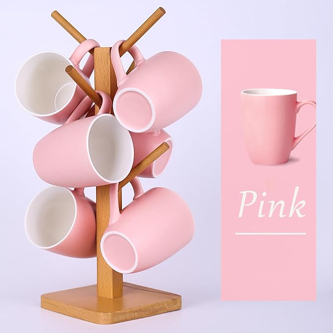 Coffee Mugs Set of 6, 12oz Ceramic Coffee Mugs with Handle, Matte Porcelain Pink Coffee Mug for Latte, Tea, Cocoa, Cappuccino, Cups for Women Men for Home Restaurant Mug (Pink)