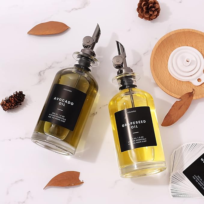 Molimoli Oil and Vinegar Dispenser with Metal Pour Spout, Weighted Pourer, Glass Bottle Dispenser for Kitchen, Olive Oil Cruet, Glass Olive Oil Bottle |350ml, Set of 2