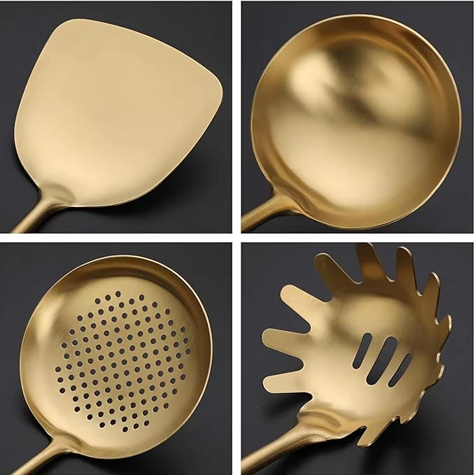 Generic Stainless Steel Kitchen Utensil Set, Spoon, Spatula, Pasta Server, Small Spatula (Green & Gold)