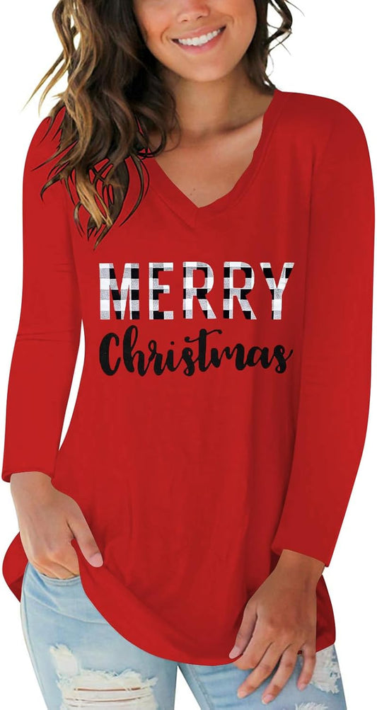 Tobrief Women's Long Sleeve V-Neck Shirts Fall Graphic Tees Loose Casual T-Shirt