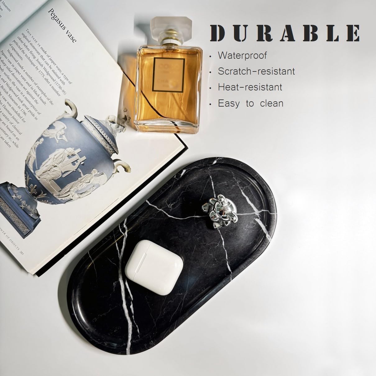 JINGJU Black Root Marble Oval Tray 10x5inches, Natural Stone Decorative Tray for Jewelry, Candle, Bathroom Counter, Coffee Table