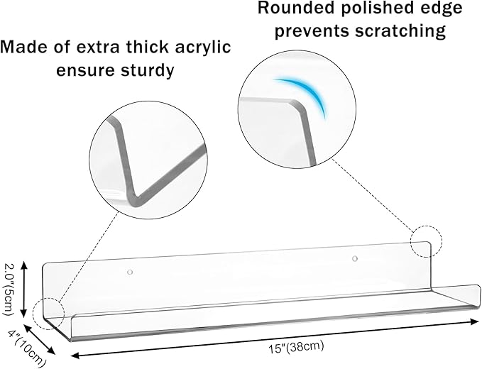 4 Pack Clear Acrylic Floating Shelves for Wall, 15'' Plastic Wall Mounted Display Shelf Kids Bookshelf and Spice Organizer for Bedroom, Living Room, Kitchen, Bathroom, Office