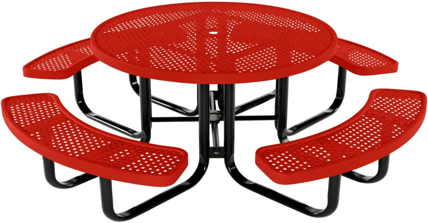 Coated Outdoor Furniture Heavy-Duty Portable Outdoor Kids Table with Umbrella Hole, Punched Steel Kids Picnic Table, Commercial-Grade, Made in America (46 In, Round, Childrens, Red)