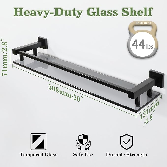 Alise Bathroom Shelves,Matte Black Glass Shelf for Bathroom, Modern Floating Shelves,20 inch