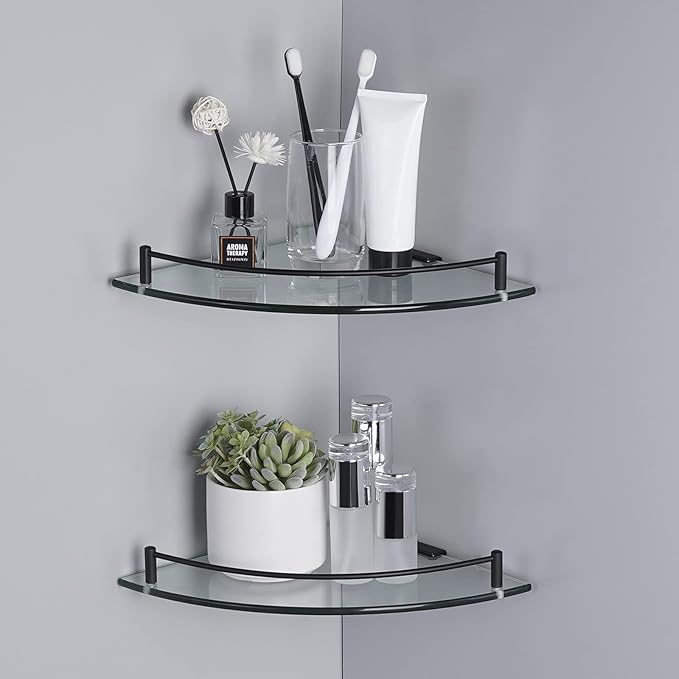 KES Bathroom Glass Corner Shelf Tempered Glass Shelf with Rail Wall Mount Corner Shelf SUS 304 Stainless Steel Matte Black 2 Pack, BGS2101A-BK-P2