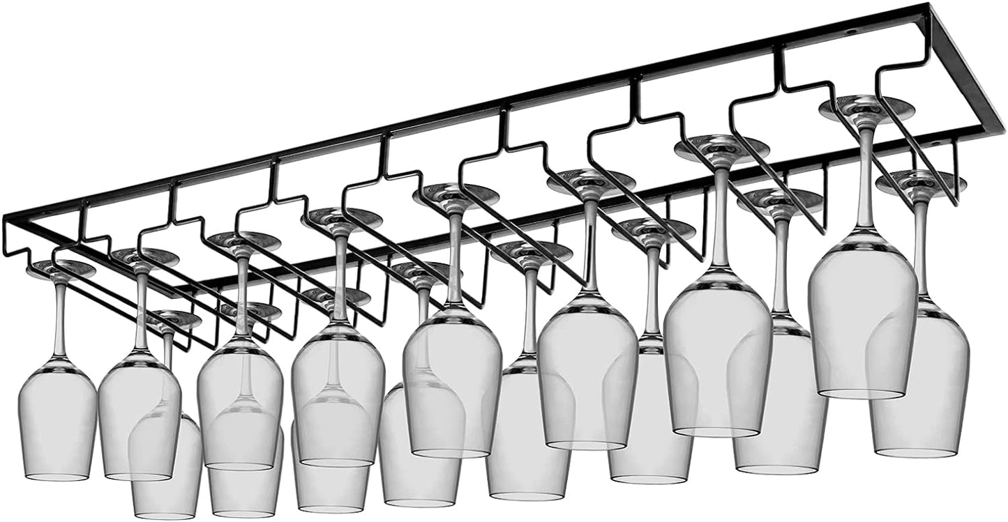 Xverycan Wine Glass Rack Under Cabinet, 8 Row Extreme Large Stemware Hanger, Metal Wine Goblet Holder, DIY Bar Glass Storage Rack for Bar Counter, Kitchen, Screws Included (Black)