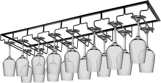 Xverycan Wine Glass Rack Under Cabinet, 8 Row Extreme Large Stemware Hanger, Metal Wine Goblet Holder, DIY Bar Glass Storage Rack for Bar Counter, Kitchen, Screws Included (Black)