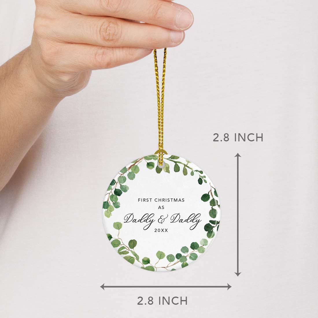 Andaz Press Custom Year Round Ceramic Porcelain Christmas Tree Ornament Keepsake Collectible Gift, First Christmas as Daddy & Daddy 2025, Farmhouse Eucalyptus Wreath, 1-PackGay Couple