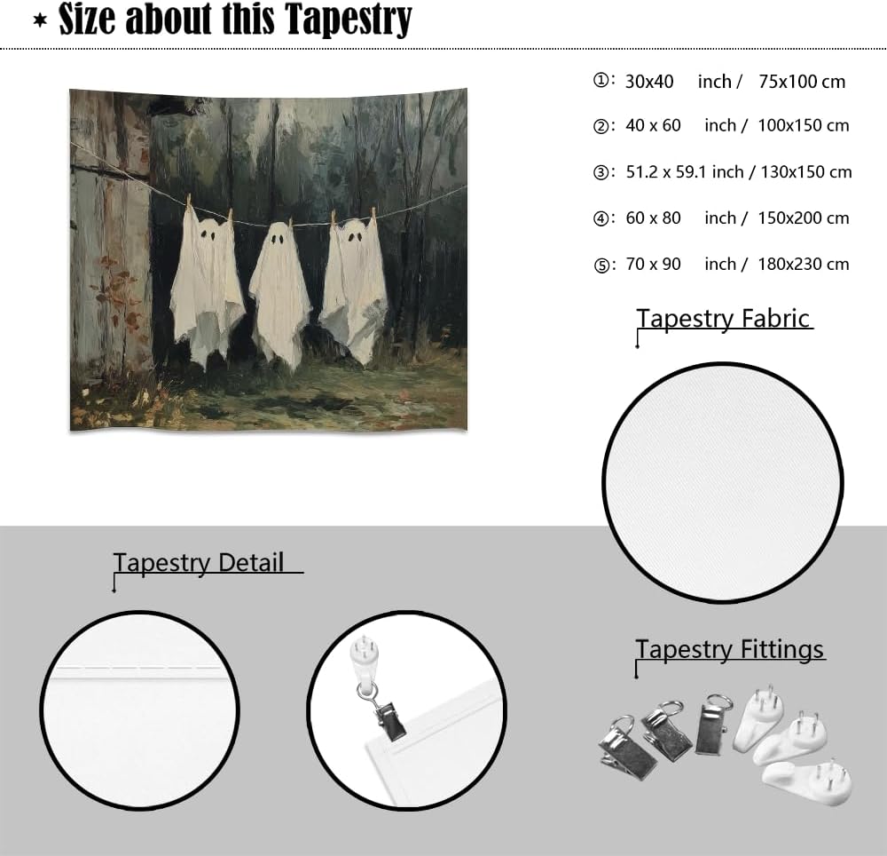 Vintage Halloween Tapestry Funny Ghosts on Clothesline Tapestry Wall Hanging Farmhouse Gothic Room Decor Spooky Ghost Prints for Dark Academia Halloween Party House Decoration Tapestries 30x40inch