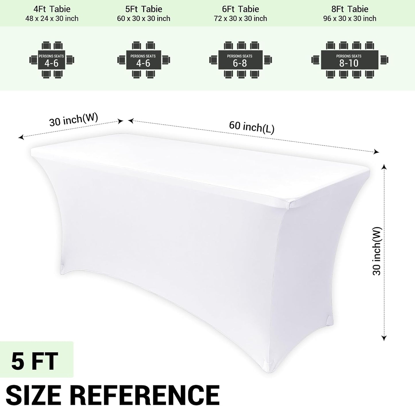Obstal Spandex Table Cover 5ft Fitted Tablecloth Rectangular - Stretch Rectangle Folding Table Cloth for Birthday Party Wedding Banquet, White, 60L x 30W Inch