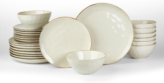 Famiware Dinnerware Sets for 8, Ocean Round 24-Piece Kitchen Plates and Bowls Sets, Microwave and Dishwasher Safe, Scratch Resistant, Vanilla White