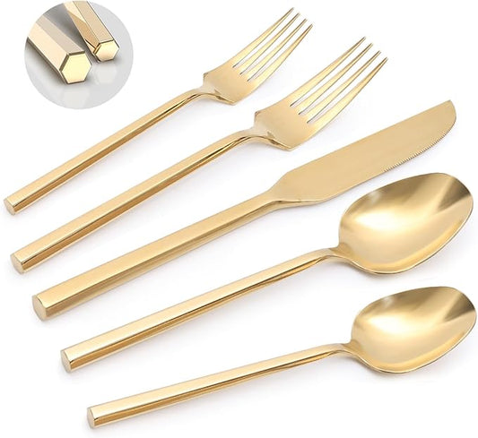 Gold 20 Piece Stainless Steel Silverware Set, Handle Flatware, Modern Mirror Finish Cutlery Set, Service for 4, Dishwasher Safe