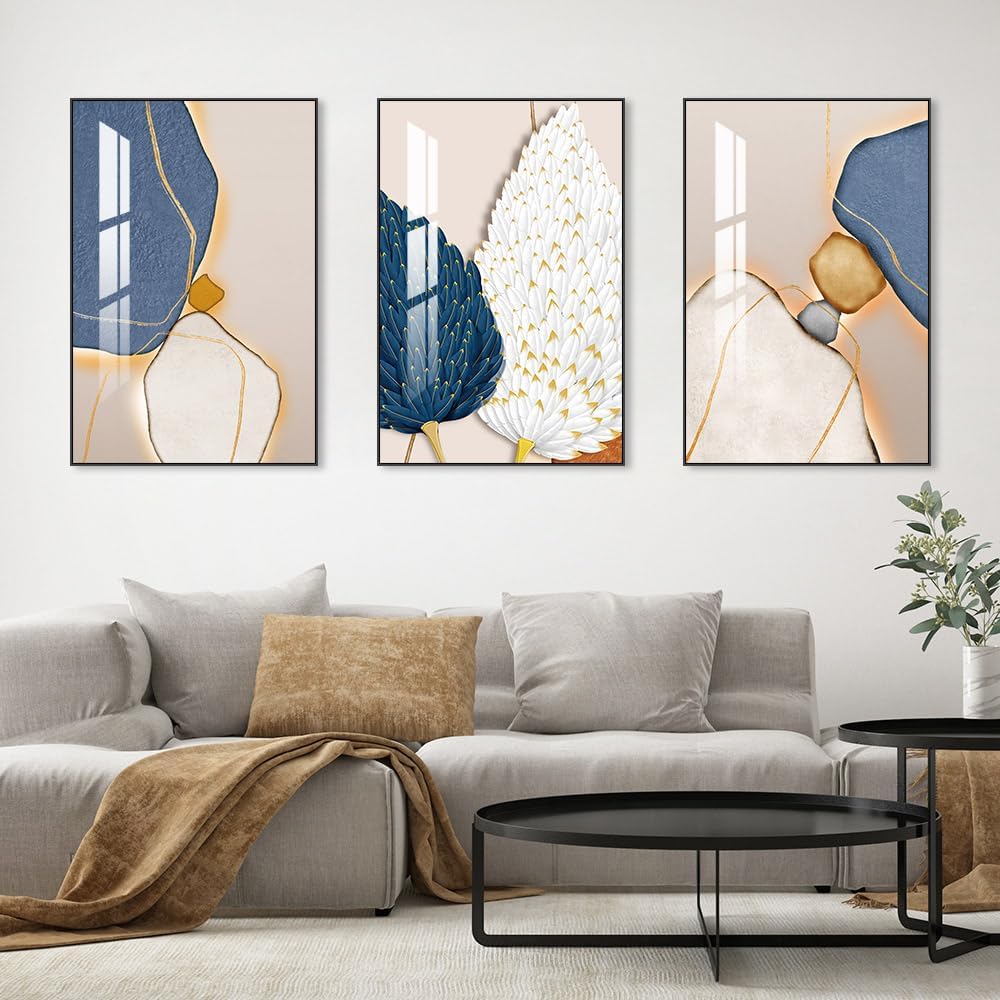 Bright Style Wall Art Set of 3 Frames Canvas Wall art Decor Abstract Minimalism Natural Posters & Prints, large Size Wall Art For Living room Bedroom Kitchen Office (24 "X 16" X 3 pieces, Blue)