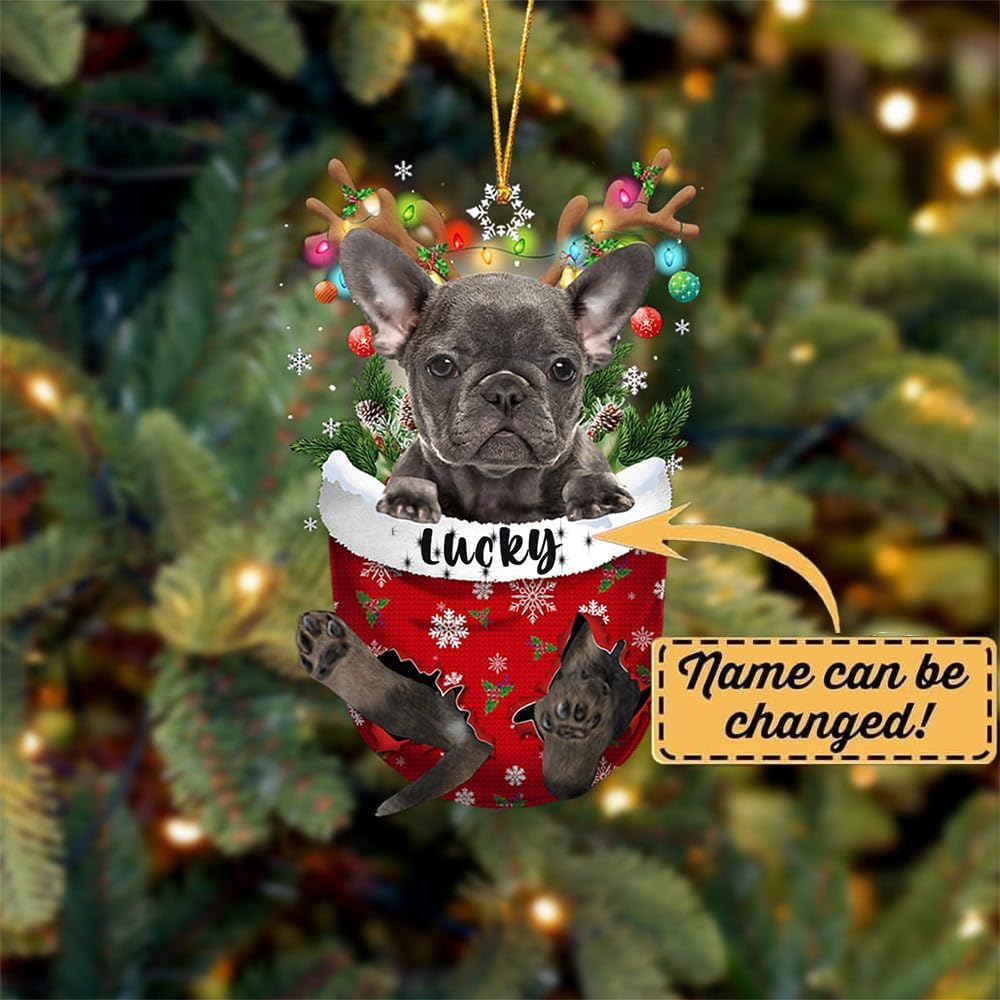 Grey French Bulldog Dog Christmas Ornament, Grey French Bulldog in Snow Pocket Christmas Tree Ornament, Dog Lovers Gift Idea Xmas Decor, Decorations for Tree, Christmas Ornament Gift for Dog Lovers