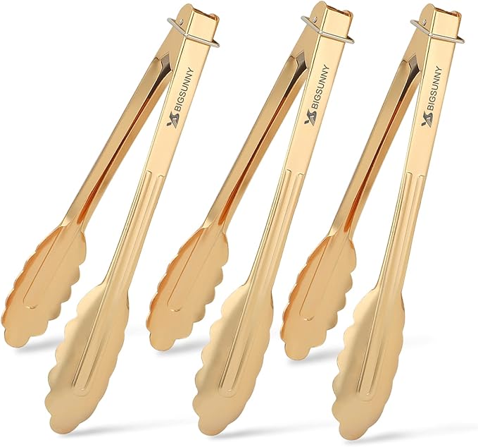 MSY BIGSUNNY 9 Inch Kitchen Food Tongs for Cooking and Serving- Aluminum - Set of 3 (gold-plated)